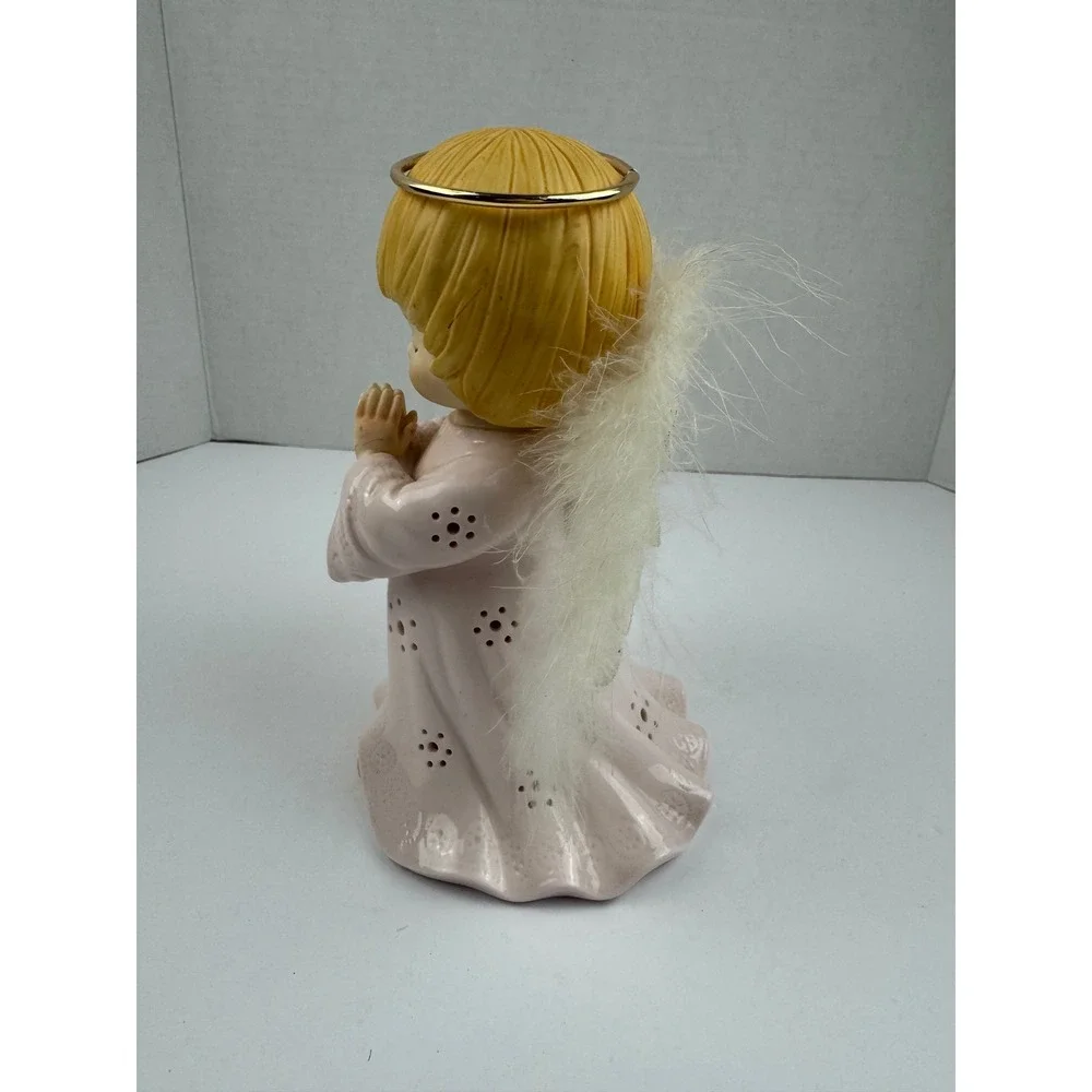 Vintage Winking Angel Figurine Pink Porcelain Light Up Feather Wings Christmas